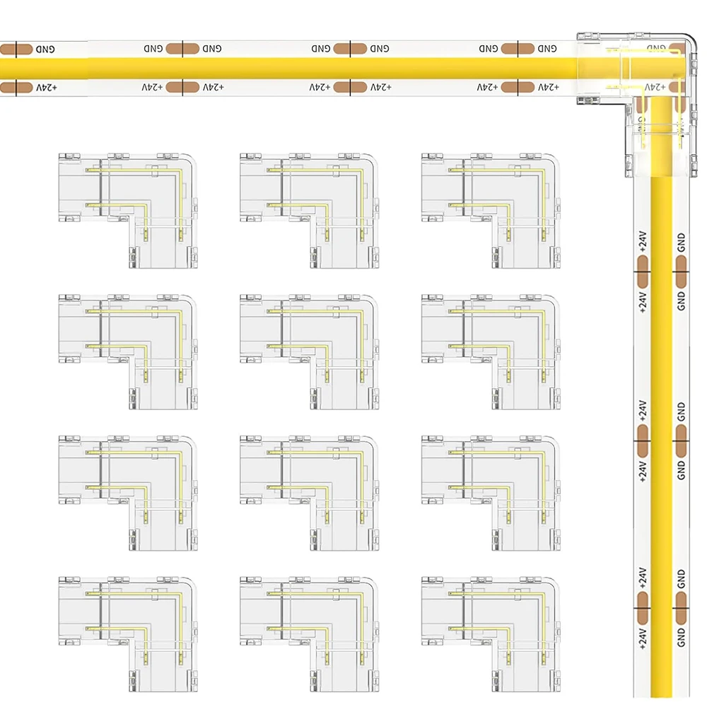 투명 갭리스 LED 테이프 라이트 커넥터, COB 스트립용 어두운 영역 없음, 8mm 2 핀, L자형 코너 커넥터, 10 개 
