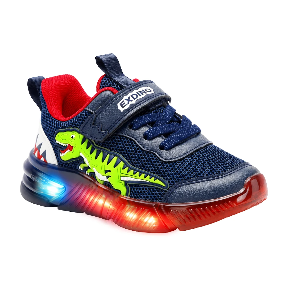 EXDINO Dinosaur Light Up Toddler Little Kids Shoes Mesh Breathable LED Flashing for Boys Non-slip Soft Lining Sports Sneakers