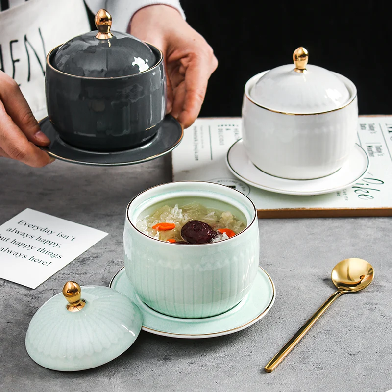 

Cerc Soup Bowl with Lid Traditional Chinese Porcelain Soup Bowl for Health Soup And Dert Sted Cooking Utensil