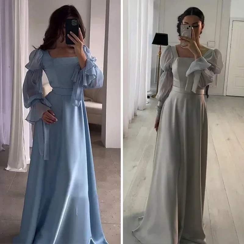 فستان سهرة نسائي شيفون ساتان فرنسي خرافي للغابات بياقة مربعة وحزام وأكمام مضيئة ملابس نسائية أنيقة للغاية ملابس خروج للسيدات