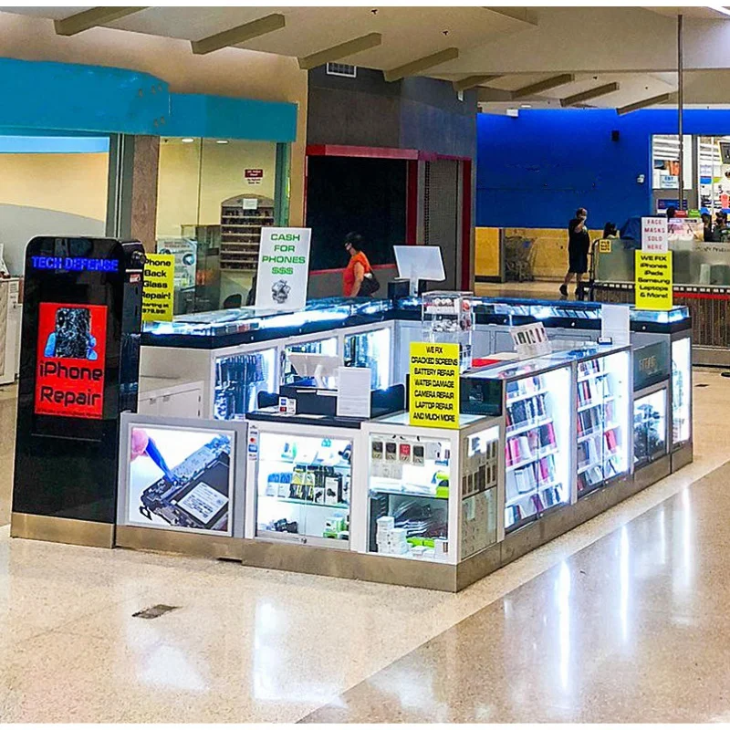

custom，Professional Phone Repair Kiosk Phone Store Display Showcase LED Cellphone Accessories Kiosk for Shopping Mall