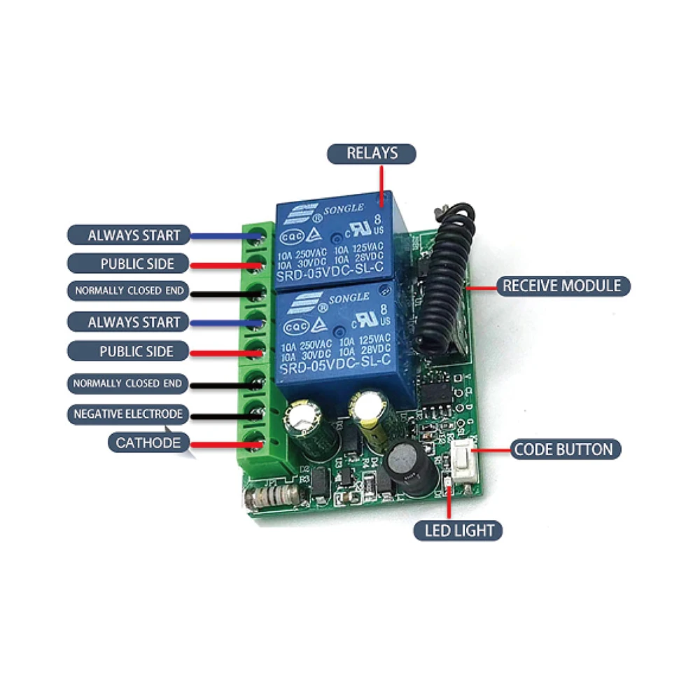 433Mhz 220V 110V Remote Control Switch for Light,Door, Garage Universal Remote AC 85V ~ 250V 2CH Relay Receiver and Controller