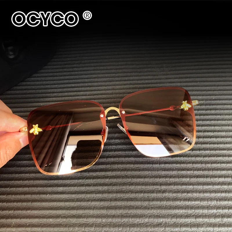 OCYCO New Fashion Lady Oversize Rimless Square Bee Sunglasses Women Men Small Glasses Gradient Sun Glasses Female UV400