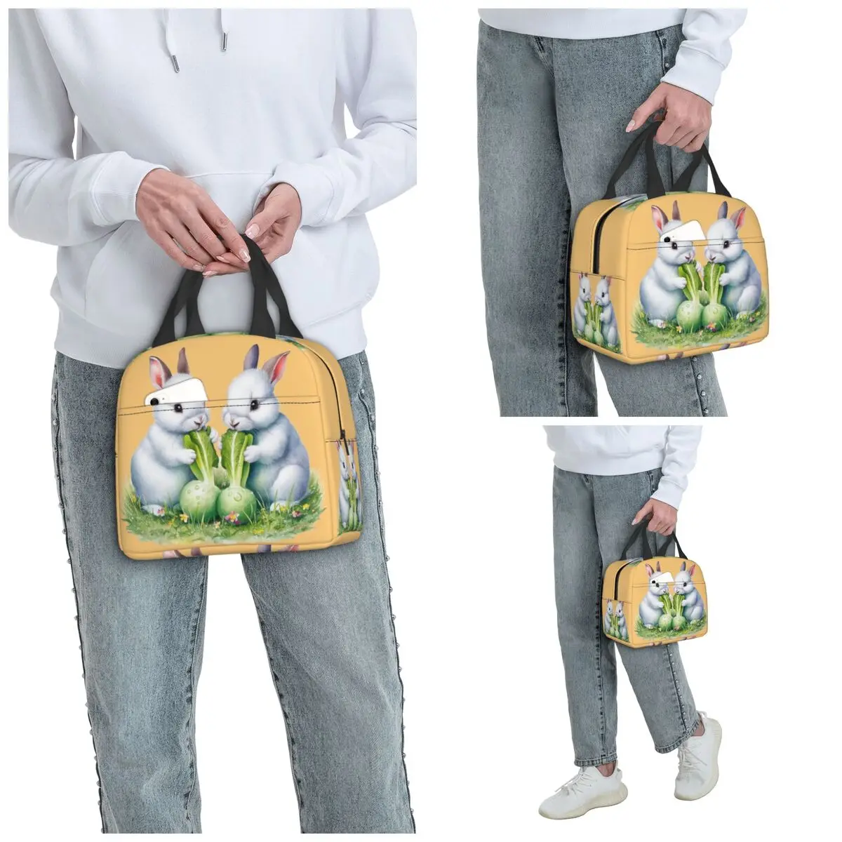 Cute Cartoon Two Little White Rabbits Insulated Lunch Bag for Office Cooler Thermal Food Box Tote Portable Lunch Boxes Container