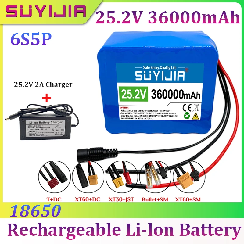 

New 25.2V Rechargeable Lithium Battery 18650 36000mAh 6S5P Built-in BMS for Electric Bike Unicycle Scooter with 25.2V 2A Charger