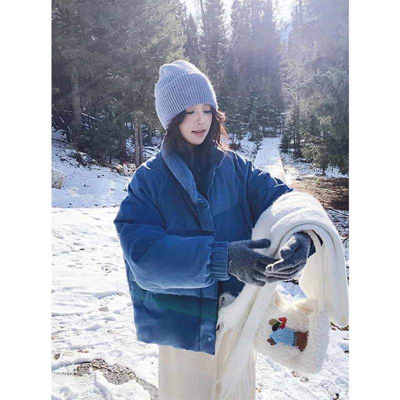 MEXZT Parka corta de pana para mujer, chaqueta acolchada con soporte a la moda, ropa de calle, abrigos coreanos de plumas, prendas de vestir exteriores acolchadas de algodón con cremallera para invierno