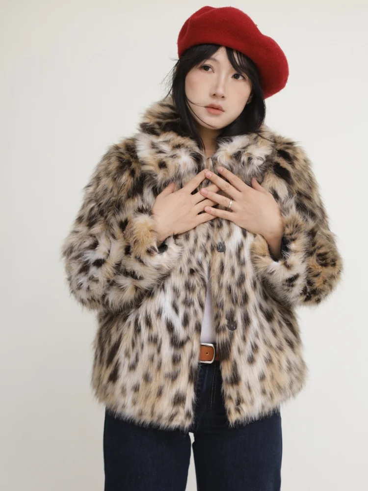 adient Colored Leopard Print Jaet Vintage Patchwork Leather  Buttoned Artificial Fur Coat  Collar Long Sve