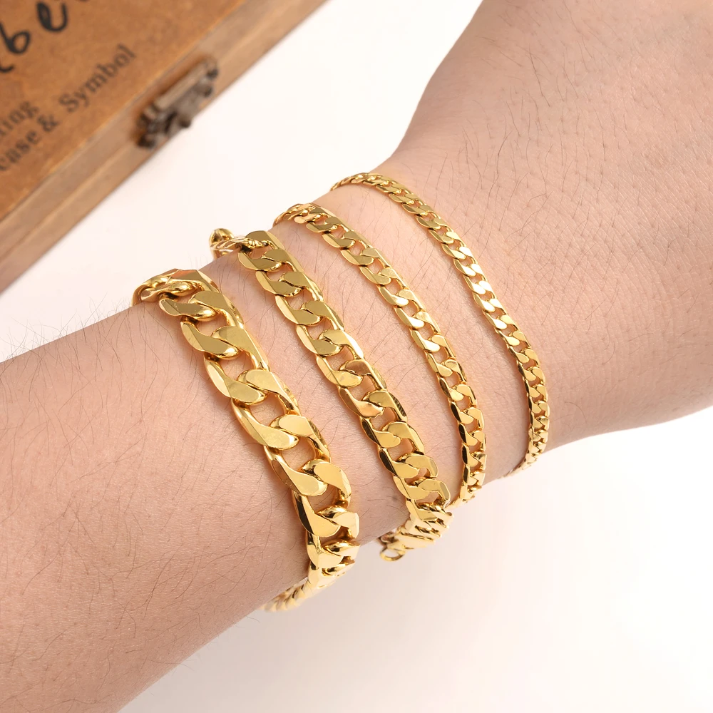 Bangrui 3mm 4mm 5mm 7mm 10mm 12mm Width 24k Golden Color Plated Figaro Chain Link Chain Necklace Bracelet Fashion Jewelry