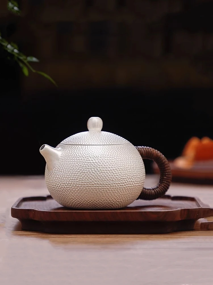Handmade Small Size 99.9% Sterling Silver Kung Fu Tea Set Xishi Silver Teapot Traditional Chinese Brewing Kit for Tea Lovers