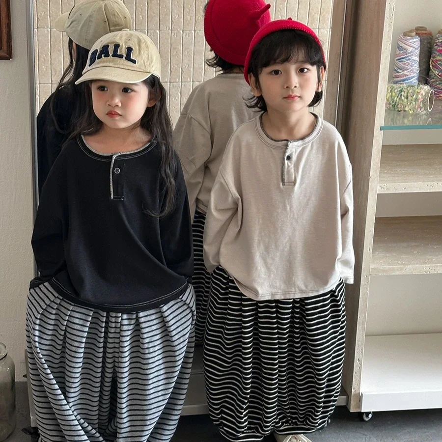 T-shirt 2026 Spring and Summer New Childrens Clothing Korean Style Boys and Girls Sen Simple Line Long-sleeved T-shirt