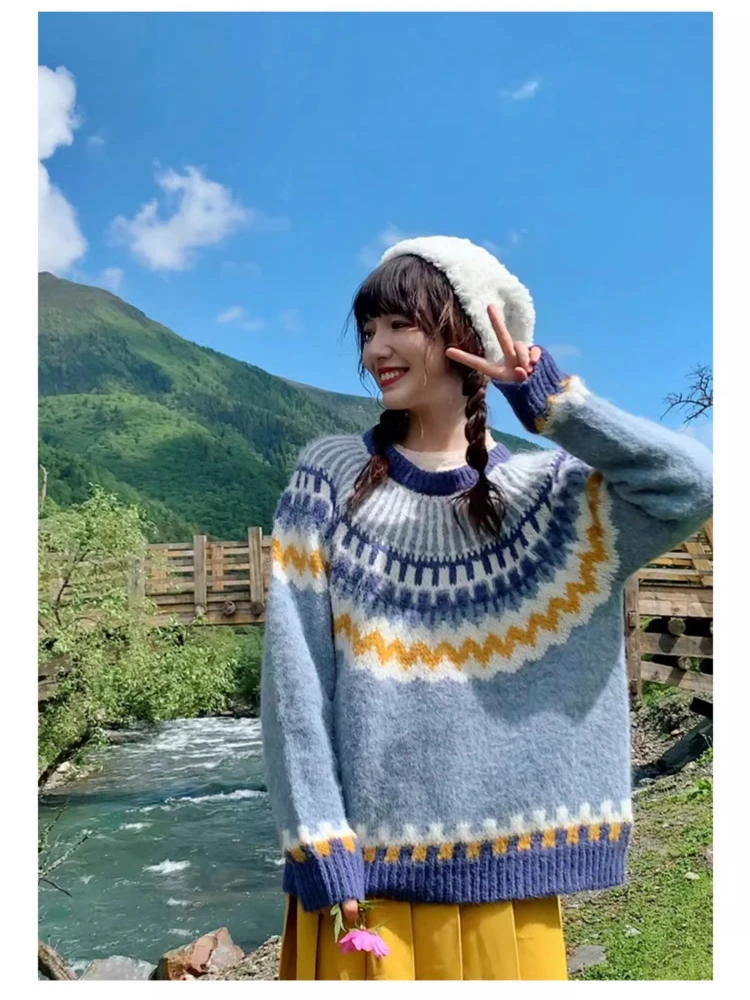 106cmBust FallWinter الأزرق البلوز سترة المرأة أنيقة فضفاضة خمر أيسلندا معرض جزيرة س الرقبة طويلة الأكمام الصوف محبوك سترة