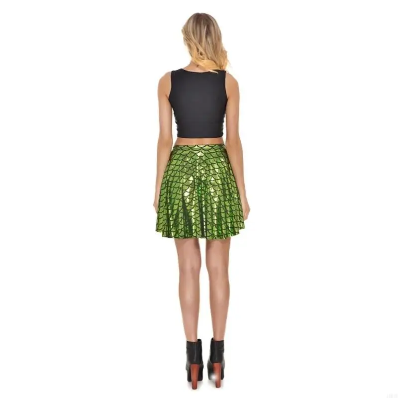 Mermaids Scale Mini Skirt Fish Scale Print Short Skirt High Waist Pleated Skater Skirt for Raves Party Club
