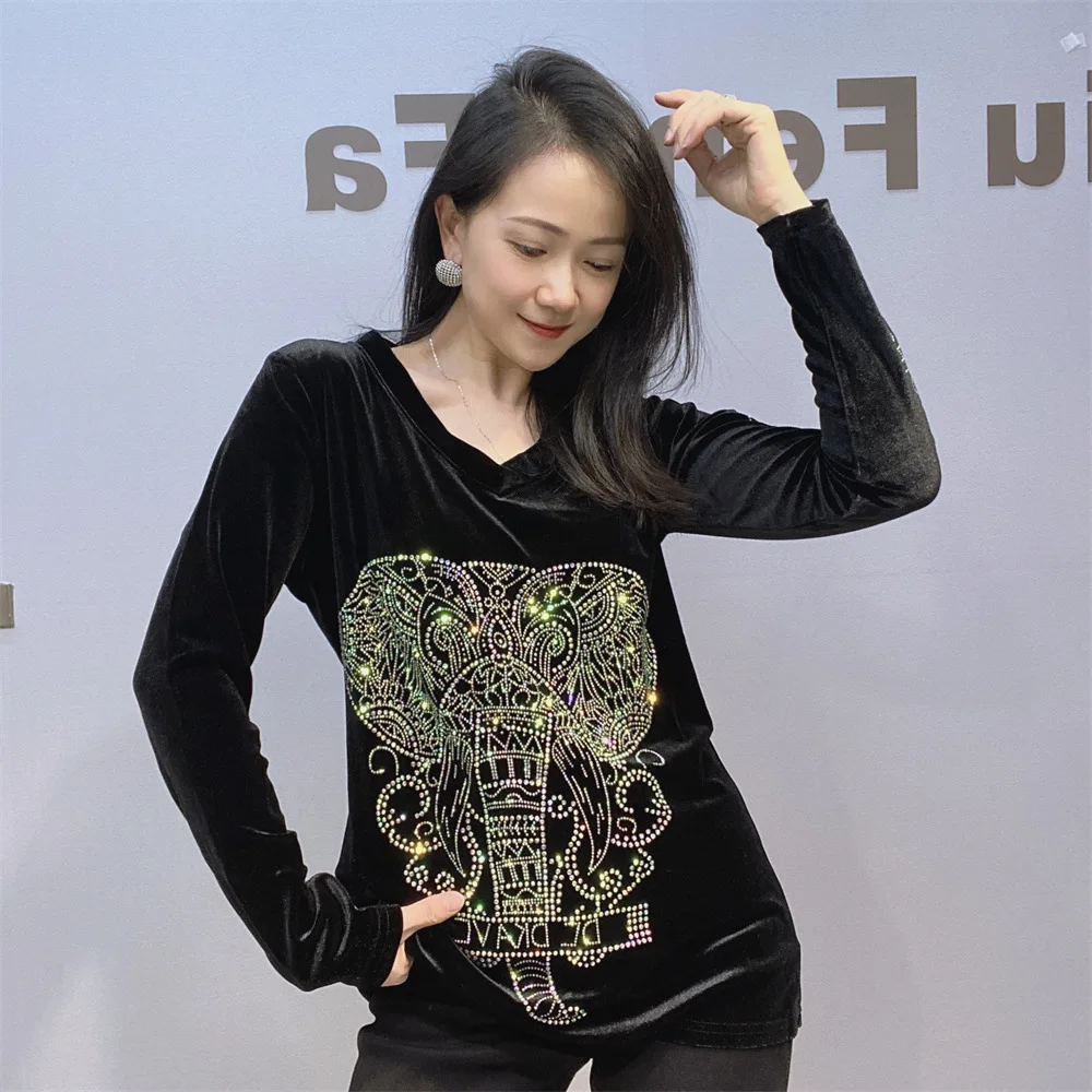 All-match O-neck Long Sleeve T-shirt Autumn Winter Pleuche Basic Shirt Luxury Elephant Hot Drilling Elegant Black Pullover Top