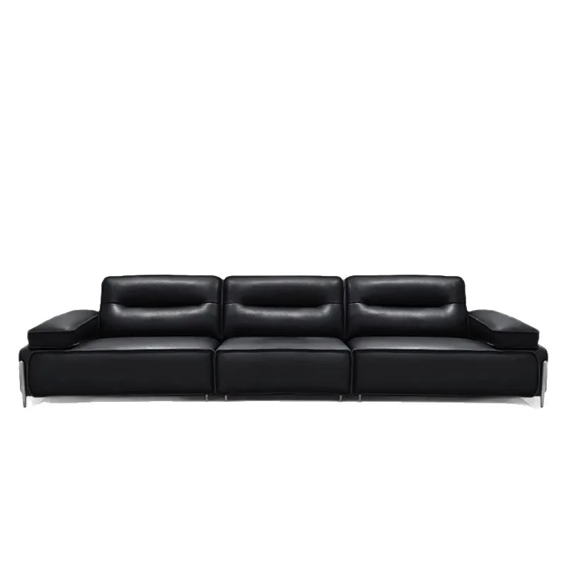 Italian big rhino leather sofa thickened cowhide open edge craft black straight row leather sofa
