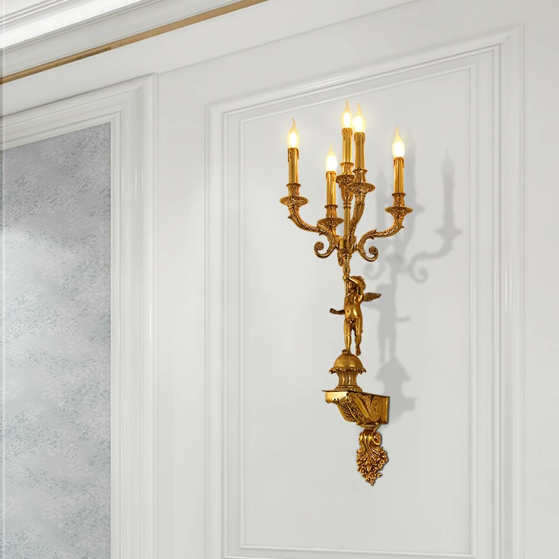 European Luxury  Classic Candle Dewax Brass Indoor Decorative Large Led Wall Light For Living Room And Porch image 3