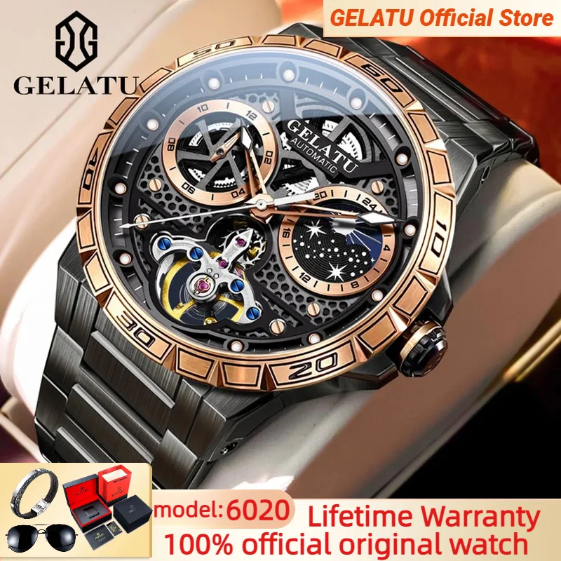 GELATU 6020 Original Brand Mens Watch Stainless steel Starry Sky Moon Phases Deep Waterproof Flywheel Automatic Wristwatches
