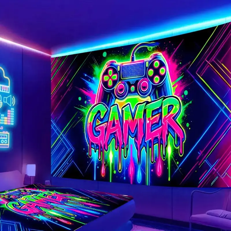 VIKAMA Neon Game Controller Tapestry Colorful Graffiti Esports Wall Hanging Esports Room Bedroom Dormitory Home Decoration
