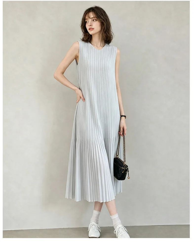 Miyake Plissee-Kleid Damen Ärmelloses Midi-Kleid Strukturiert Locker Sitzend Elegant Lässig Sommer Mode Minimalistischer Stil Schickes Fit – Detail 6