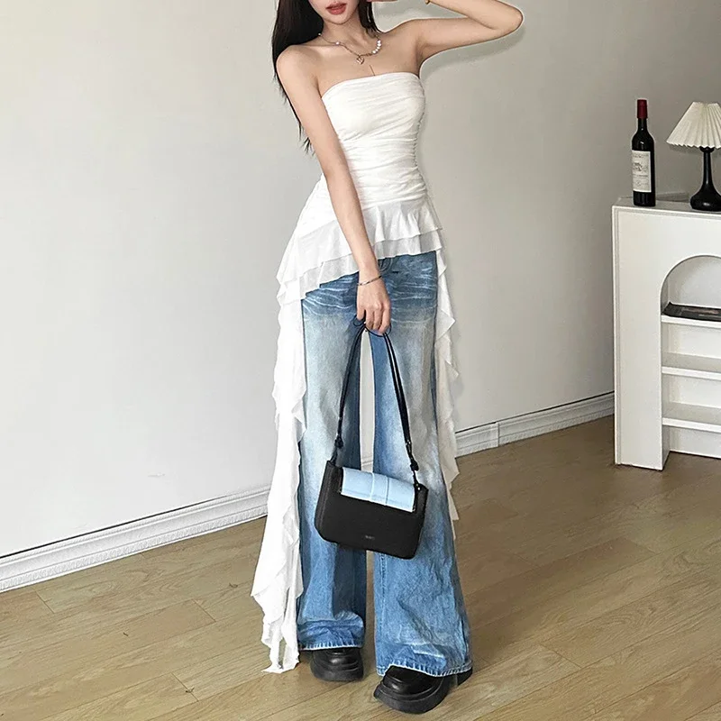 Xingqing y2k Strapless Top Women Summer Solid Color Off Shoulder Sleeveless Asymmetrical Ruffle Hem Bandeau Vest Streetwear