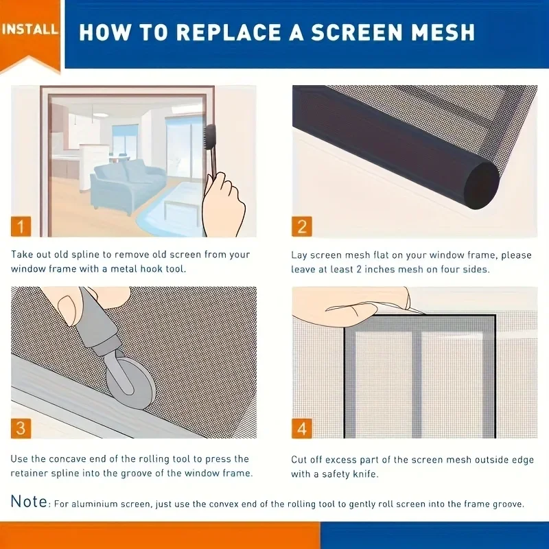 High Visibility Durable Window Screen Mesh Adjustable Anti-mosquito/Insect Fiberglass Screen Door Mesh  Kit for Patio Porch Door