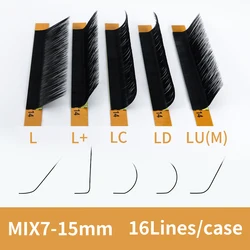 Glamlash l/l +/lc/ld/lu (m)/n enrolar 16 linhas extensões de cílios falsos vison material preto 7-15mm bandeja mista l cílios de maquiagem de onda