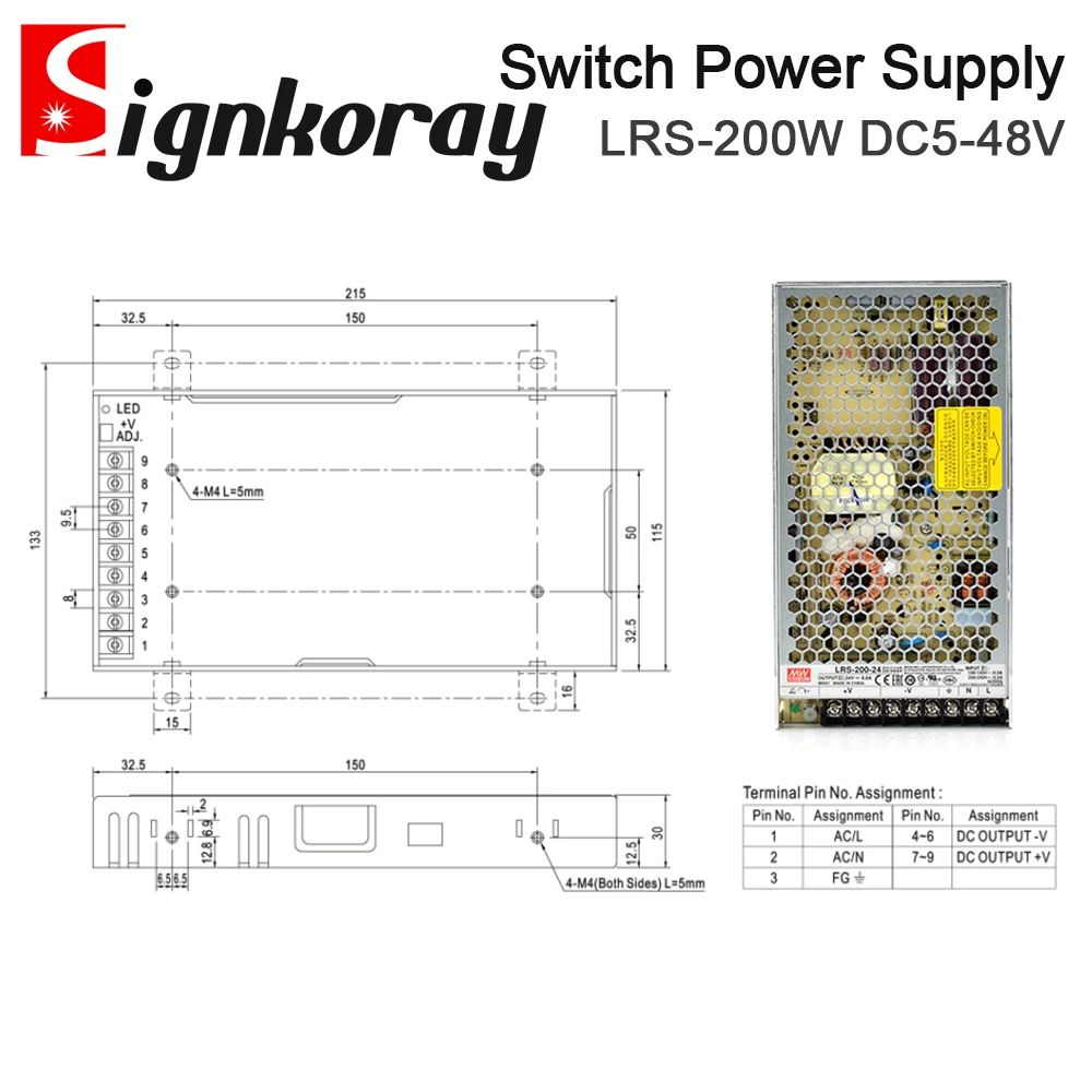 SignkoRay Original Meanwell LRS 200W Single Output Switch Power Supply 5V 12V 24V 36V 48V 200W