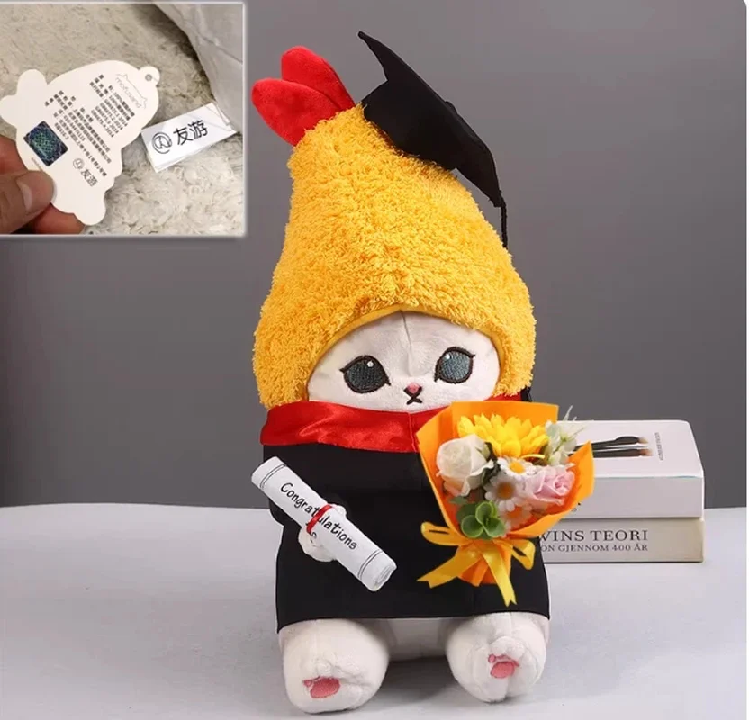 Mofusand Shark Cat Bachelor'S Gown Style Plush Soft Stuffed Doll With Hat Adorable Cartoon Anime Desktop Ornament Graduate Gifts