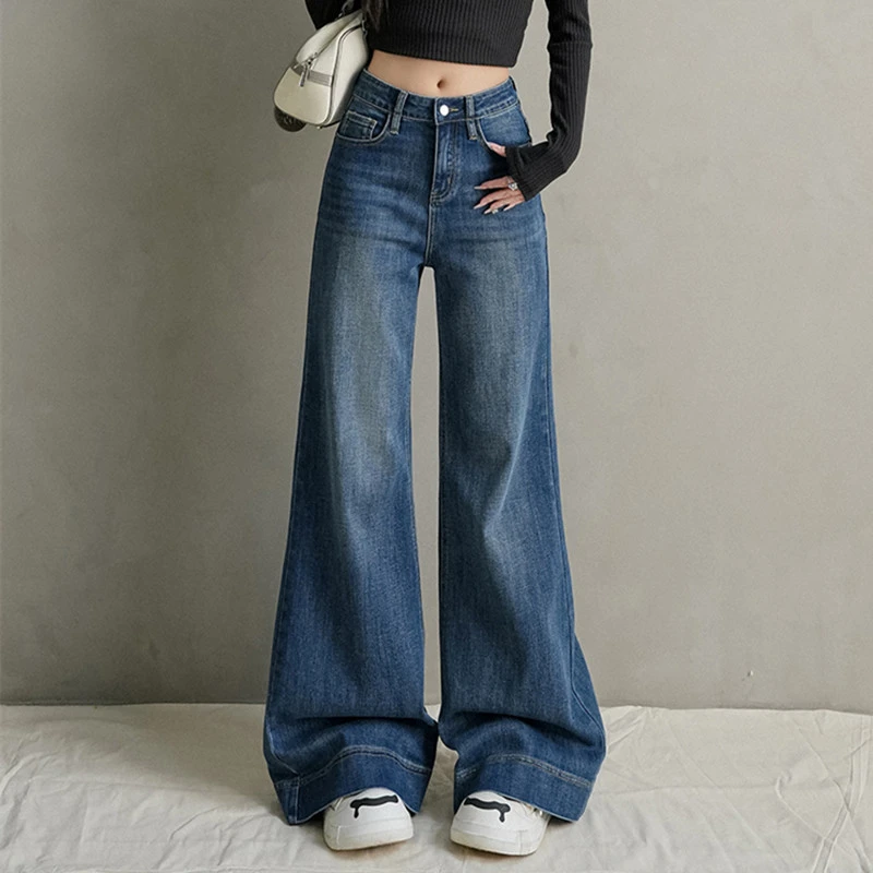 Damskie jeansy FINEWORDS z wysokim stanem, rozszerzane, szerokie nogawki, koreański styl casual, niebieskie jeansy bootcut, streetwear, Harajuku, dzwony.