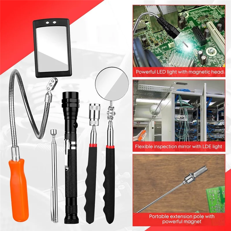A60F-Telescoping Magnetic Pickup Tool Set,Magnet Flashlight With Mechanic Inspectionmirror 360 Swivel For Mechanic Checking