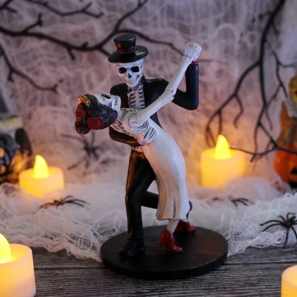 Gothic Dancing Skeleton Lovers Figurine Resin Spooky Wedding Cake For Top Halloween Ornament Day Of The Dead Home Decor