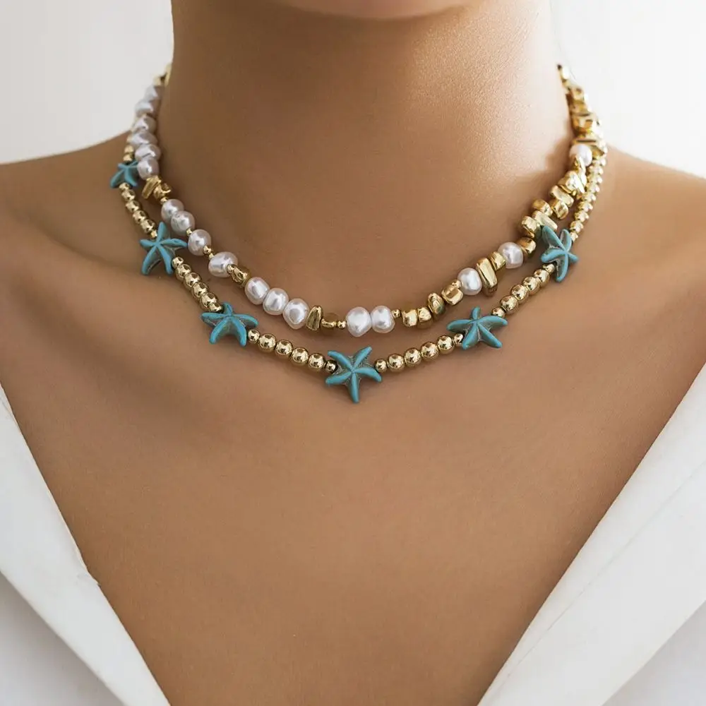 Shell Conch Shell Necklace Bilayer Boho Style Bohemia Beads Chain Choker Sea Beach Natural Starfish Pendant Necklace Vacation