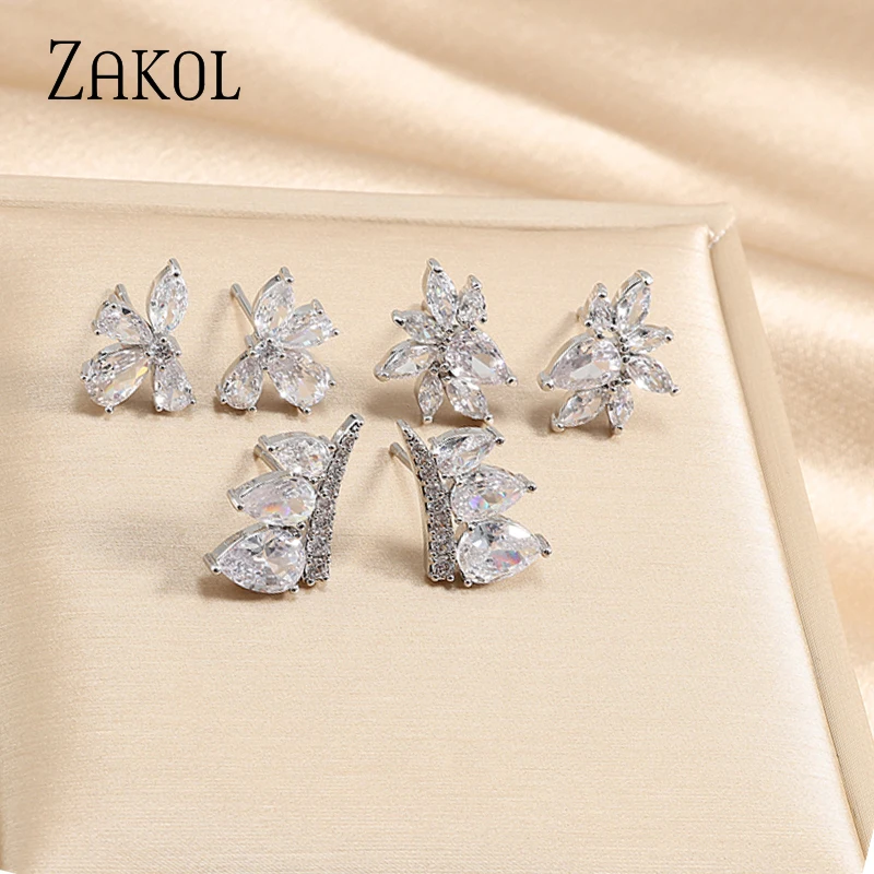 ZAKOL Fashion White Zircon Flower Earring for Women Elegant Shiny Crystal Earrings Wedding Party Jewelry Dinner Dress