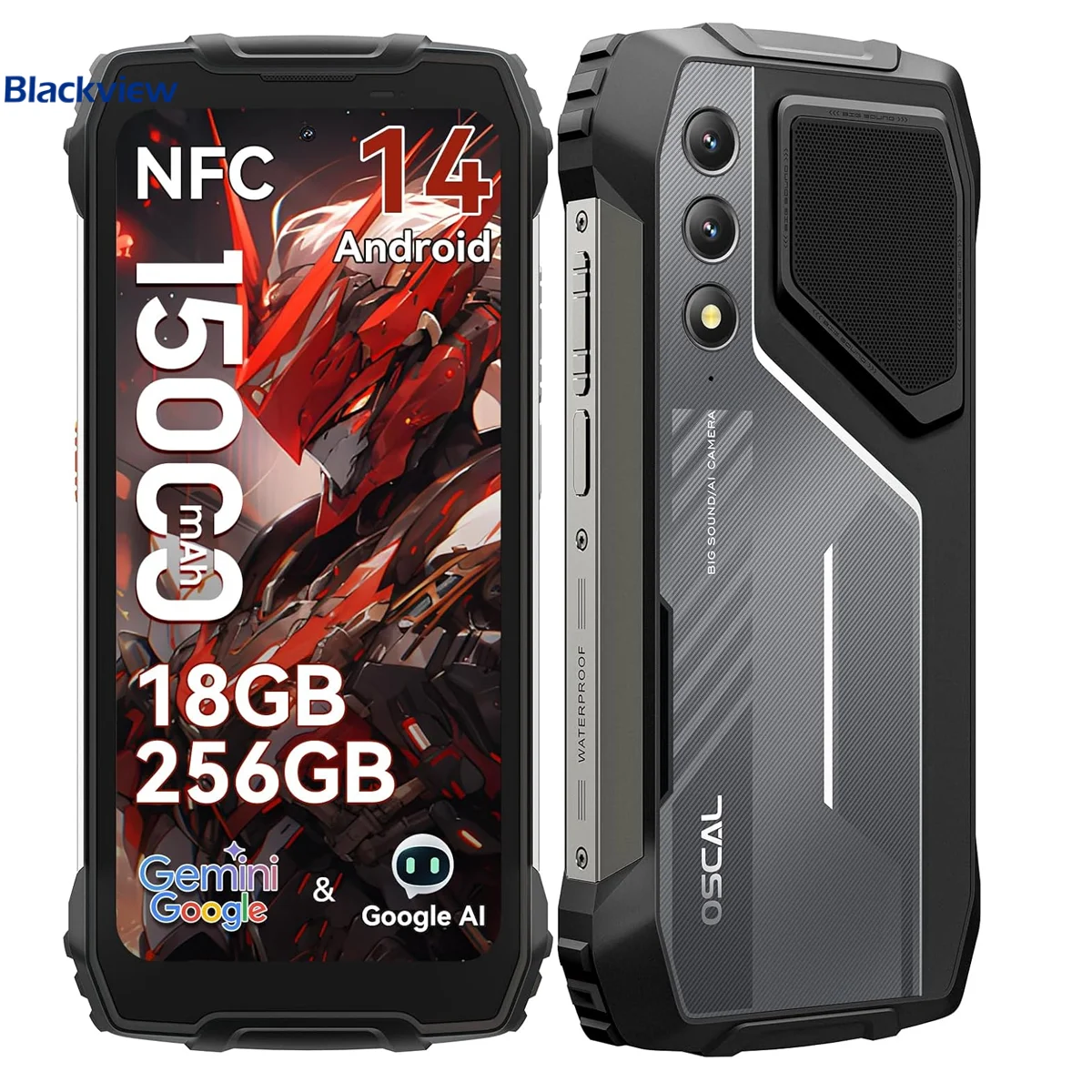 OSCAL Pilot 1 6.67'' Téléphone robuste, Gemini AI Android 14 Téléphone extérieur étanche 8 Go + 256 Go, Octa Core, 15 000 mAh (33 W), double 4G