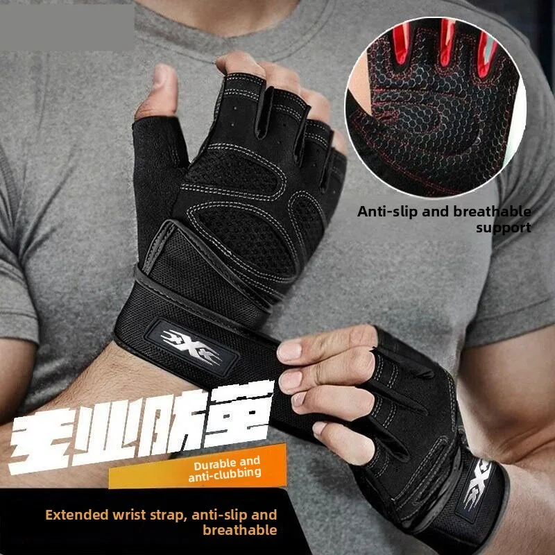 

Men's Fitness Belt Gloves with Wrist Protection Half Finger Dumbbell Bar Gym Training Anti-Slip Callus Protection for Riding