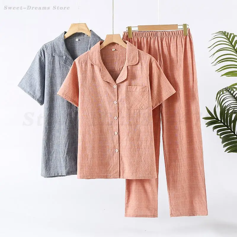 

Cotton Couple Pajamas 2-Piece Set Sleepwear Long Sleeved Pants Simple Plaid Print Homewear Loungewear Women Men Pyjamas Suit