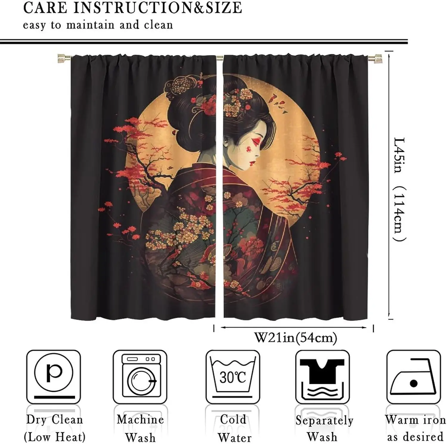 Black Background Geisha Kimono Sakura Golden Circle Blackout Rod Pocket Curtain Retro Ukiyo-e Elegant Bedroom Rest Bay Window