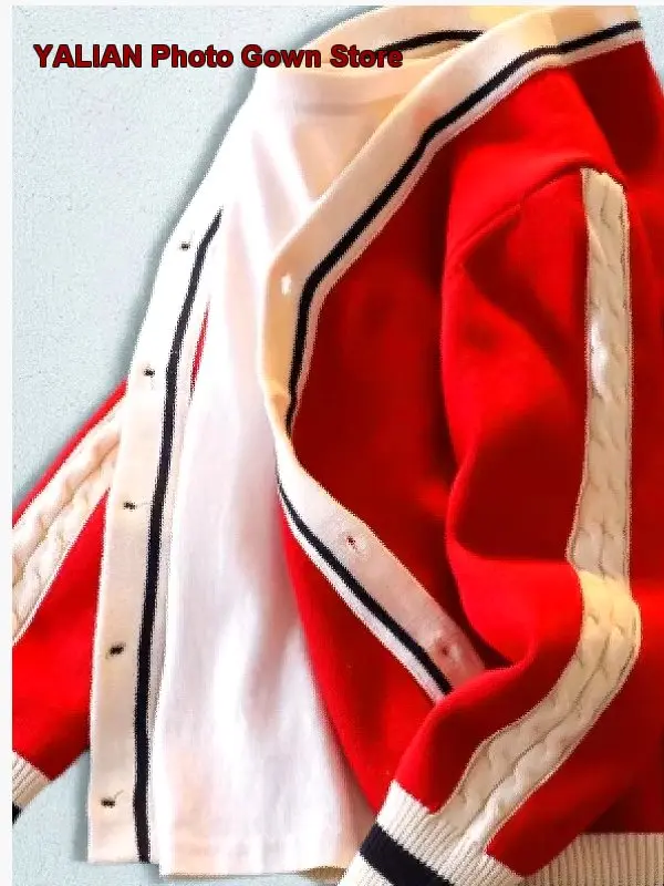 Girls Cardigan Students Red V-Neck Knit Jacket Spring Autumn Casual Wear for Older Kids