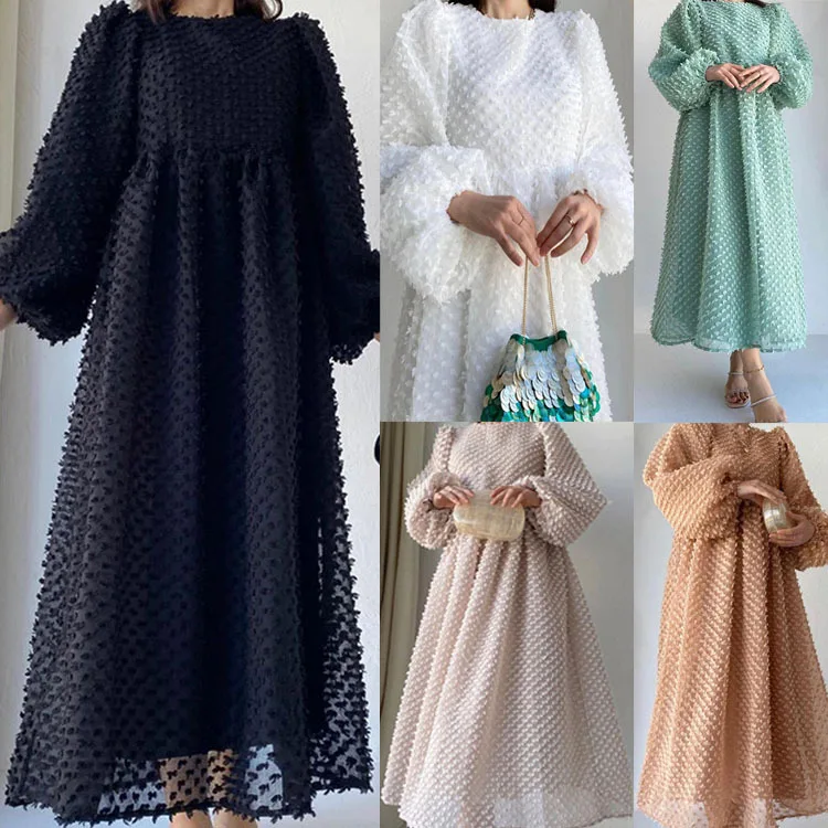 

Fashion Women's Solid Color Round Neck Lantern Sleeves Dress Arab Dubai Elegant Long Dress Women Dubai Luxury Islam Elegant