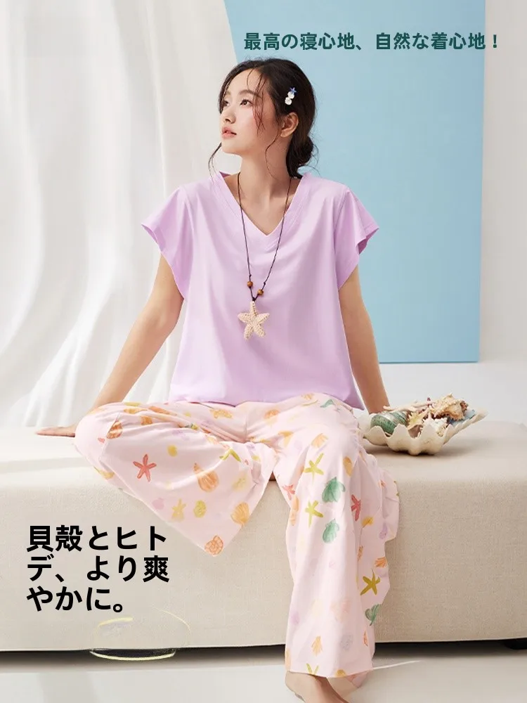 anziban-set-pigiama-estivo-da-donna-in-cotone-fresco-casual-scollo-a-v-vestibilita-ampia-traspirante-e-confortevole-con-pantaloni-lunghi