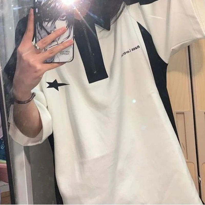 Fashion Cotton Polo Shirt Casual Short Sleeve T-shirt Women Men Embroidery Zipper Loose Preppy Couple Clothes Harajuku Tops Tees