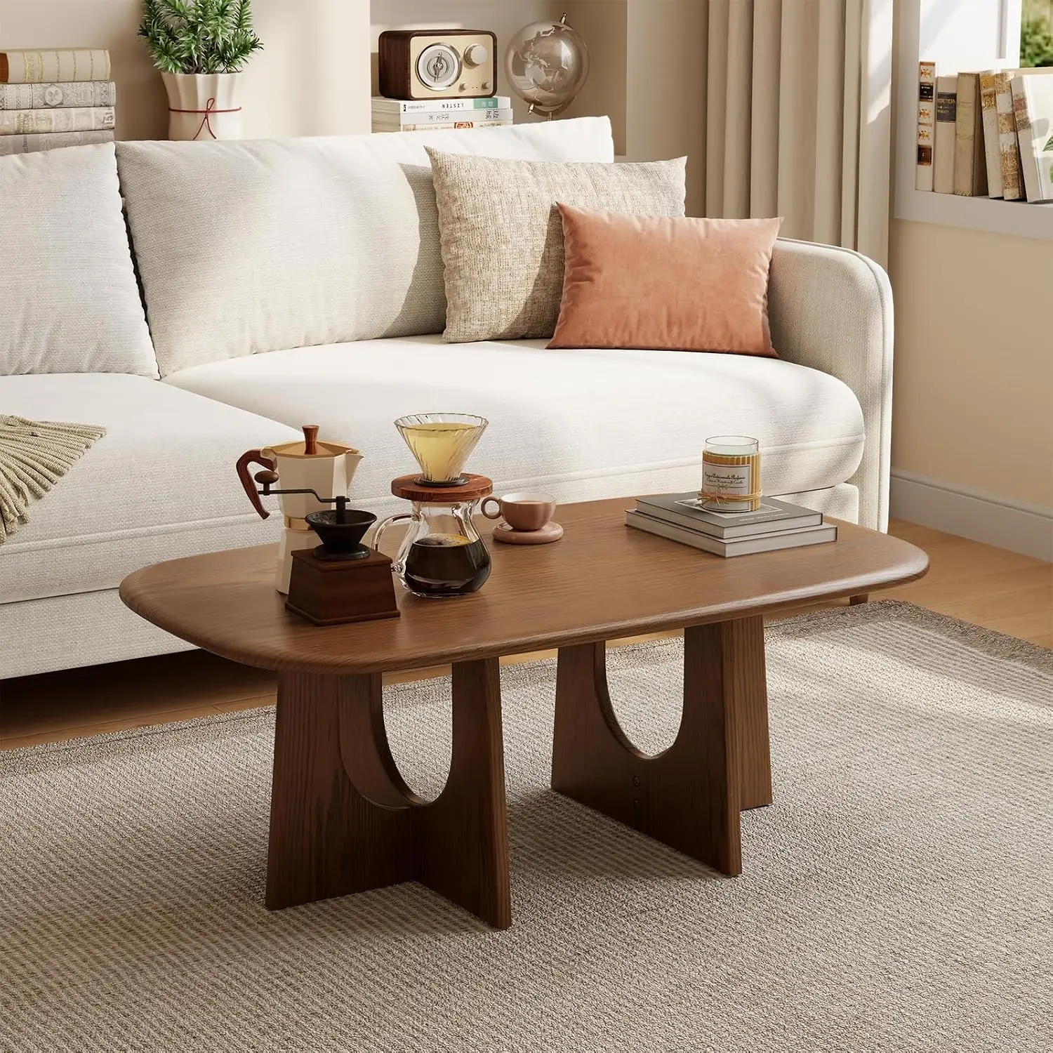 Mid Century Modern Solid Wood Coffee Table For Living Room Natural Rubberwood Accent Center Table With Unique U Shaped Legs Rounded Corners Walnut Color