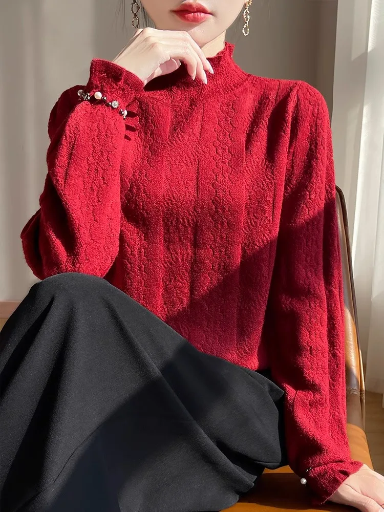 

Свободный вязаный свитер, красная верхняя одежда с высоким воротником, кружевная основа, дизайн китайского зодиака, год, зимний длинный топ све