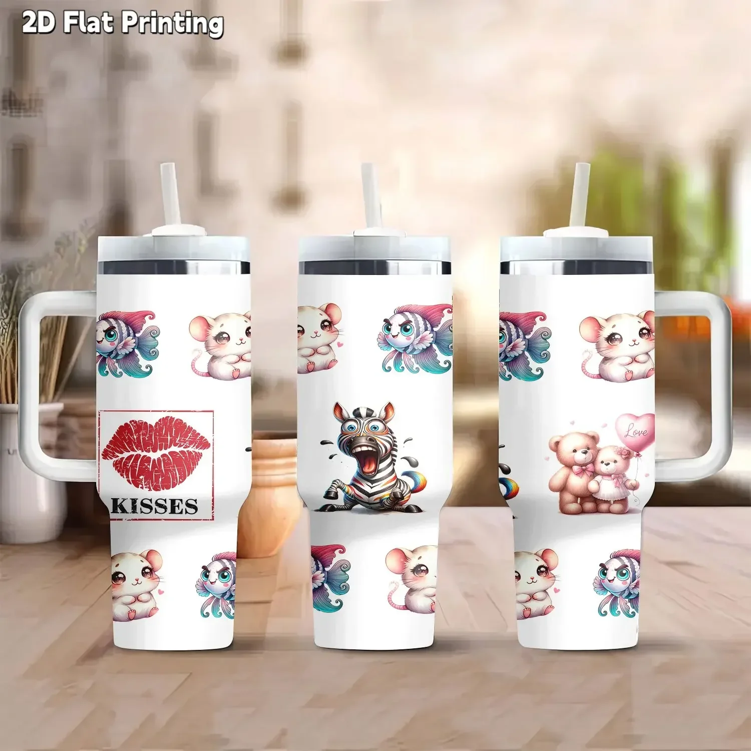 1pc 40oz Stainless Steel Tumbler with Handle and Straw | Adorable Zebra, Mice, Bear & Fish Pattern, Red Lips Kisses Print, Valentine'S Day Gift, Portable Drinkware for Hot & Cold Beverages, Car Cup Holder Friendly
