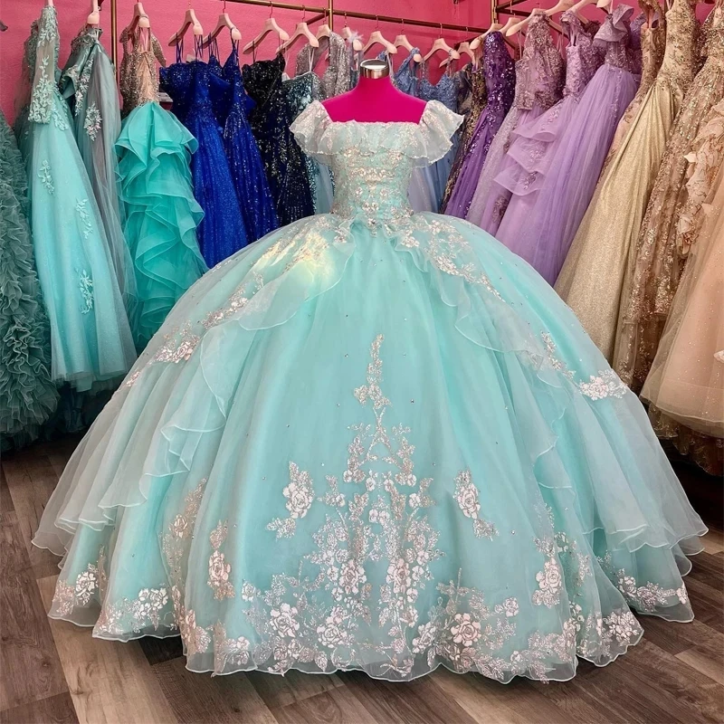 

Aqua Blue Quinceanera Dresses 2024 Off Shoulder Ball Gown Sweet 16 Dress Beading Appliques Lace Sequins Birthday Party Gowns