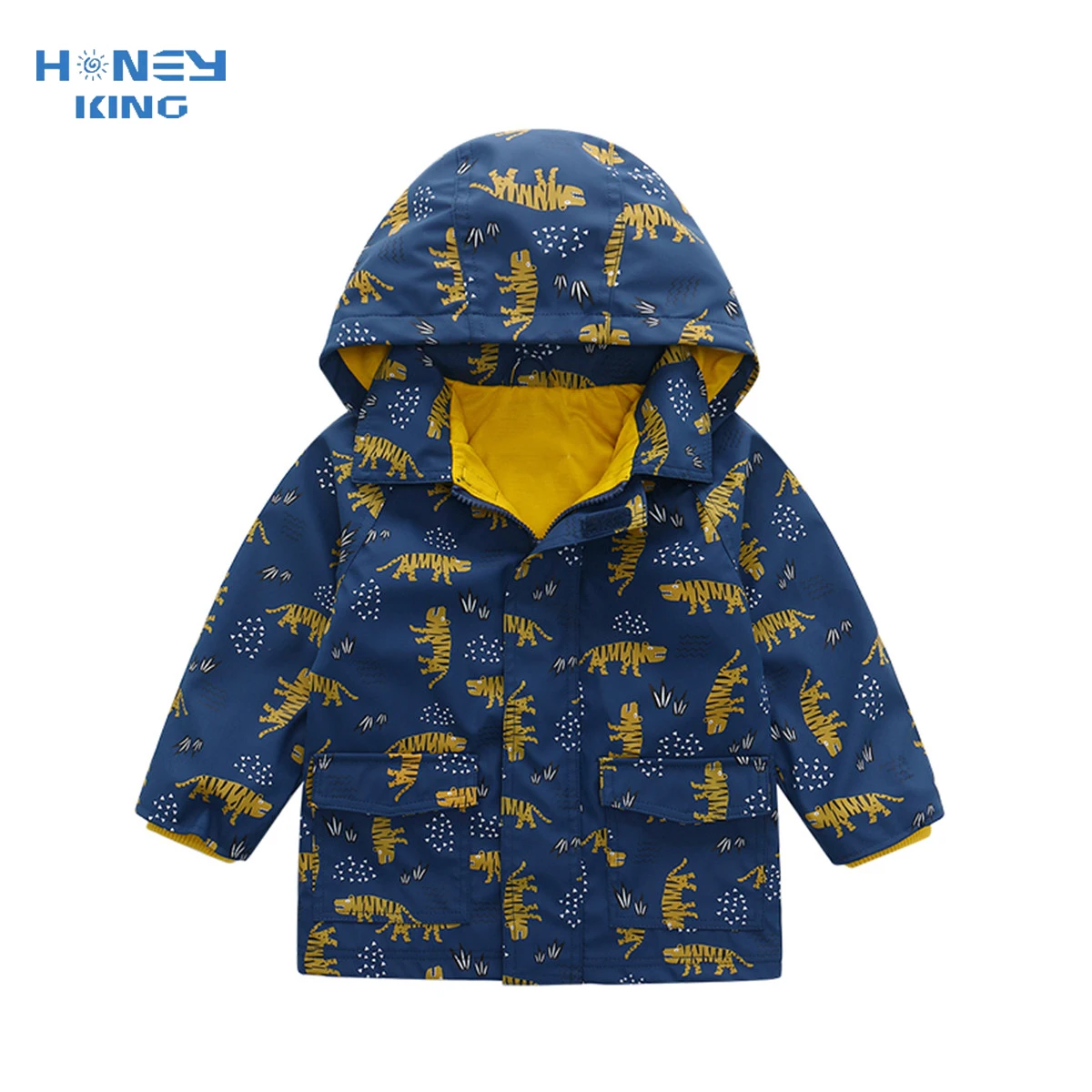 

HONEYKING Kids PU Waterproof Coat Boys Jackets Children Hooded Zipper Windbreaker Baby Printed Coat Infant Waterproof Hoodies