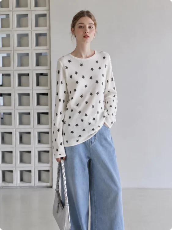 Women's Star Print  Knit Long Sleeve Top Round Neck Mesh Casual Loose Sweater Spring Autumn Basic Tee Ladies Daily Wear Blouse