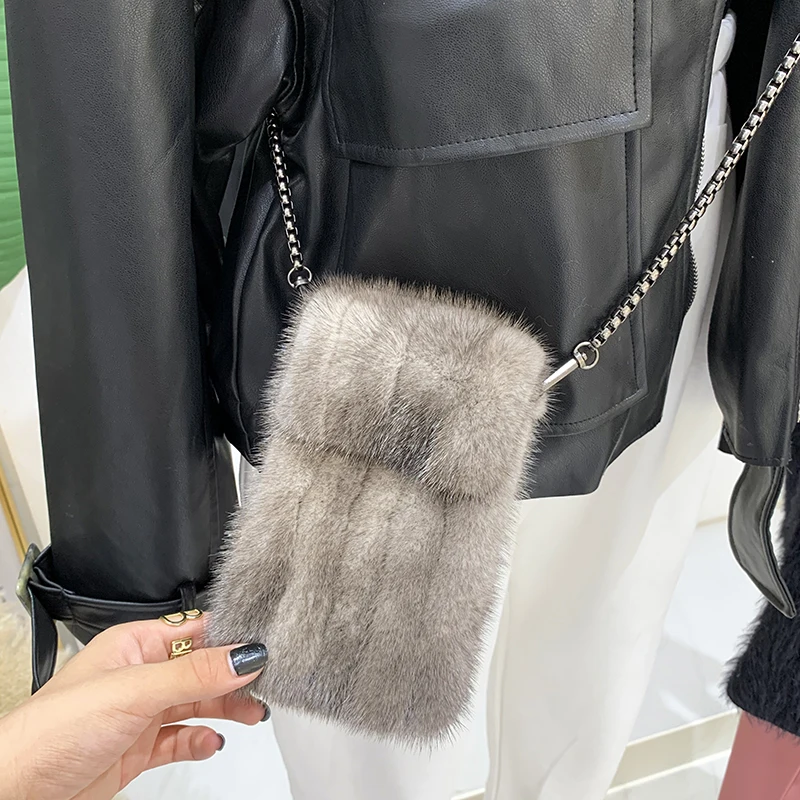 Real Mink Fur Crossbody Bag For Women Small Moblie Phone Bags Girls Exquisite Coin Purse Mini Outdoor Travel Pouch Simple Wallet