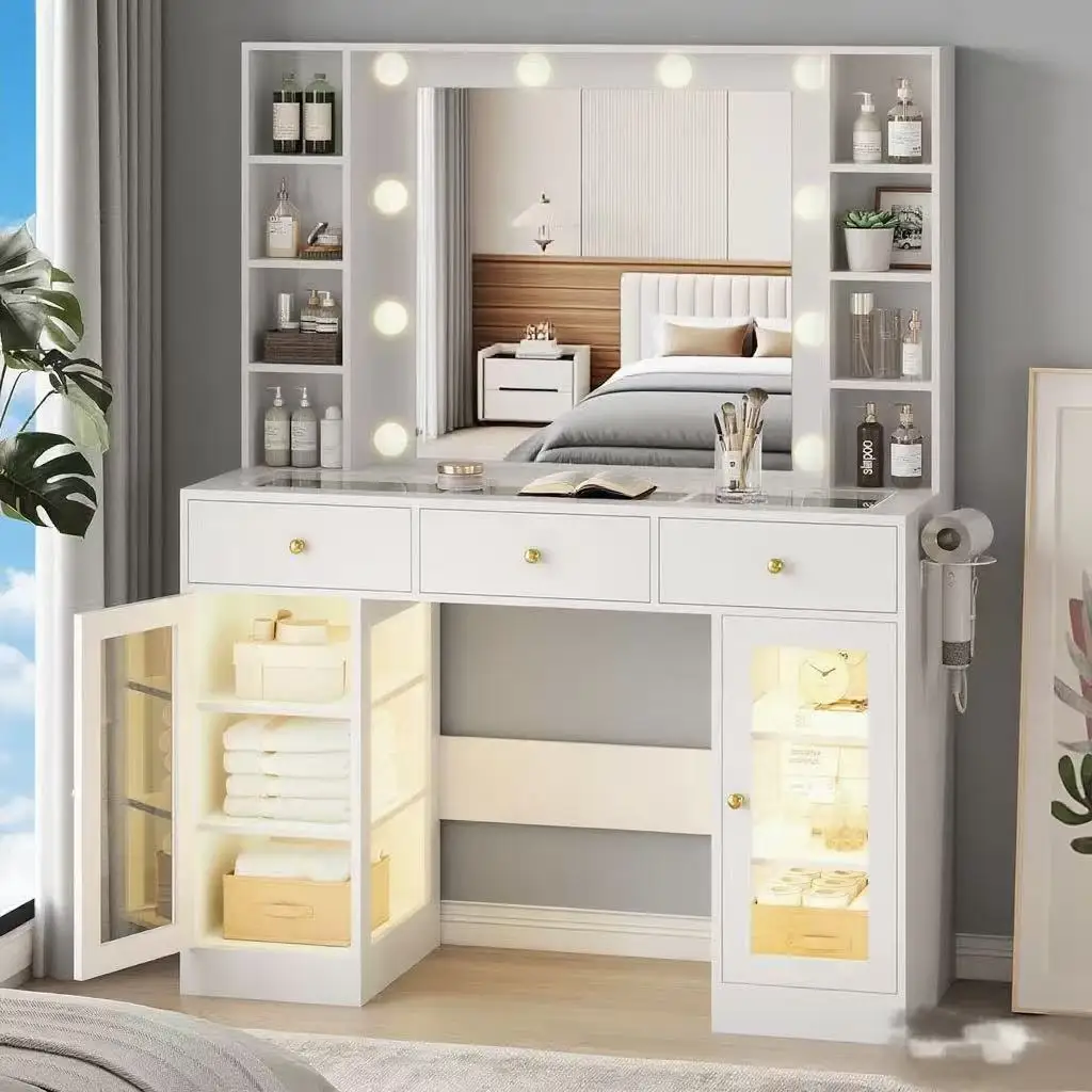 화이트 화장대 세트 (거울 및 조명 포함) – 서랍, RGB 3색 LED 조명, 유리 상판 및 전원 콘센트 포함
