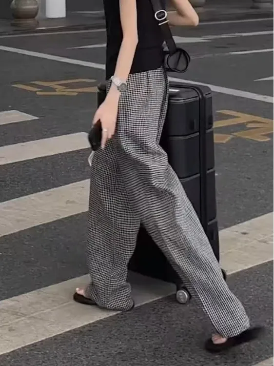 Comfortable Linen Straight Leg Pants with Dstring Design Bla And White Cheered Loose Fitting Floor Length Lazy Sle