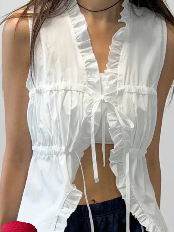 

Summer Anti-Aging Svel Vest irt Women's Korean Sle Retro Personali Wooden Ear V-ne Pleated Waist Slimming Top